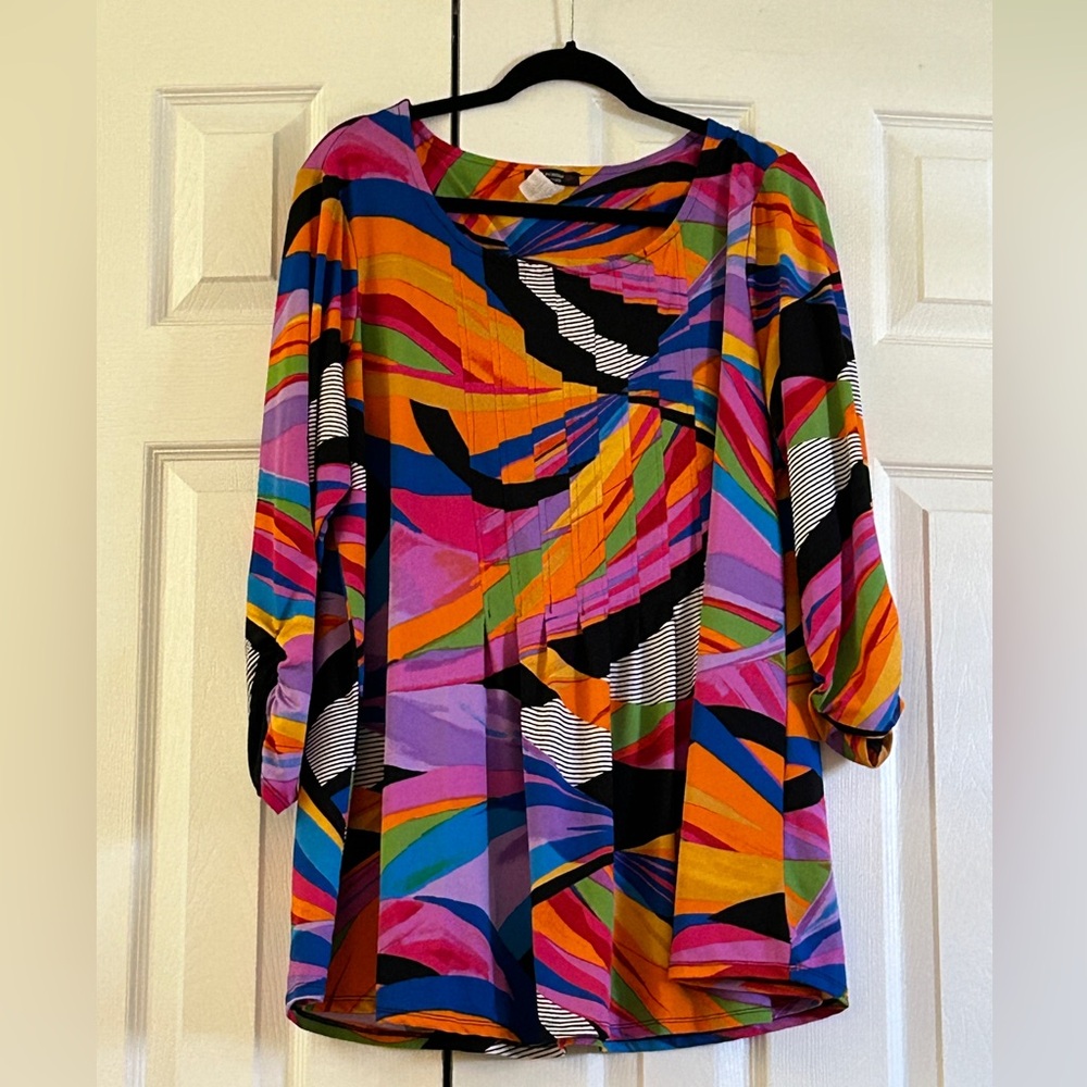 COCOMO WOMAN Tunic Top 1X Plus Multicolor Abstract Geometric Striped Retro 3/4